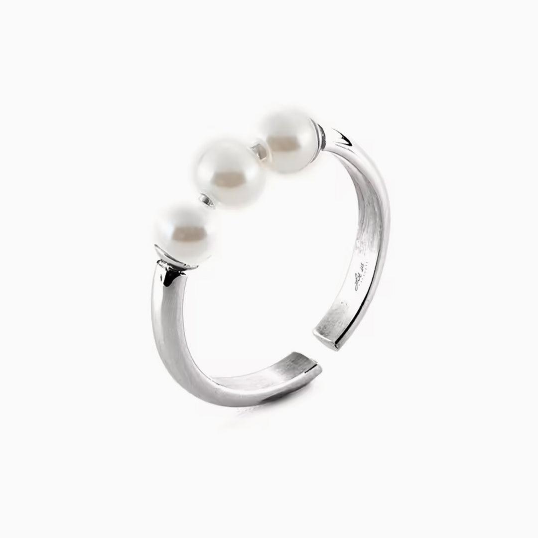 Anello Aperto in Acciaio con Perle Bianche