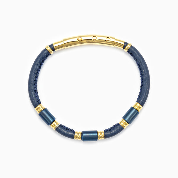 Bracciale uomo in pelle blu con inserti in acciaio
