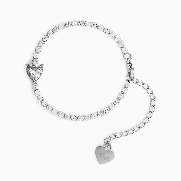 Bracciale tennis in acciaio con zirconi e cuore centrale