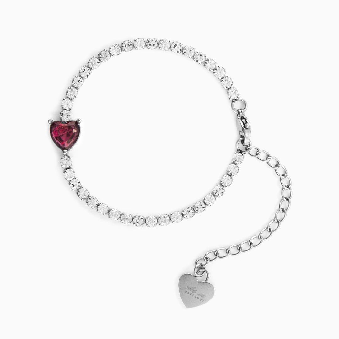 Bracciale tennis in acciaio con zirconi e cuore rosso