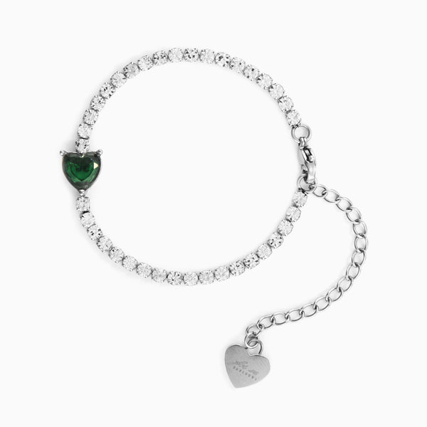 Bracciale tennis in acciaio con zirconi e cuore verde