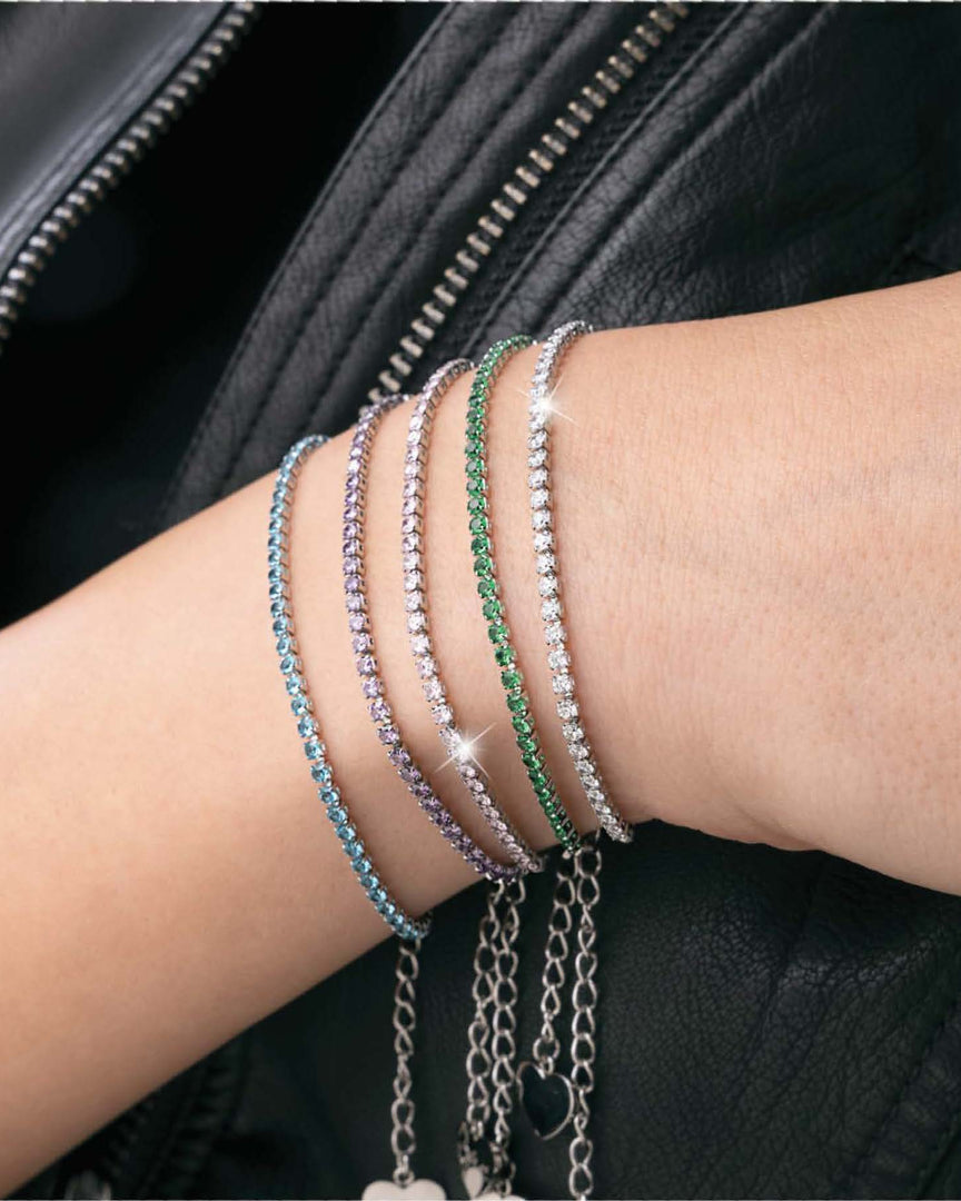Bracciale tennis in acciaio con zirconi azzurri