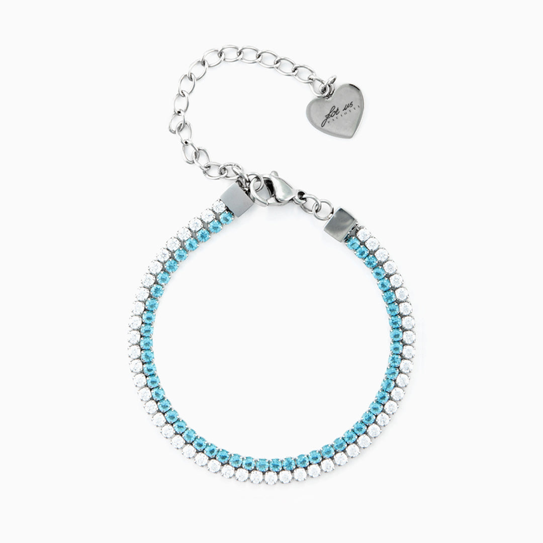 Bracciale doppia fila in acciaio con zirconi bianchi e azzurri