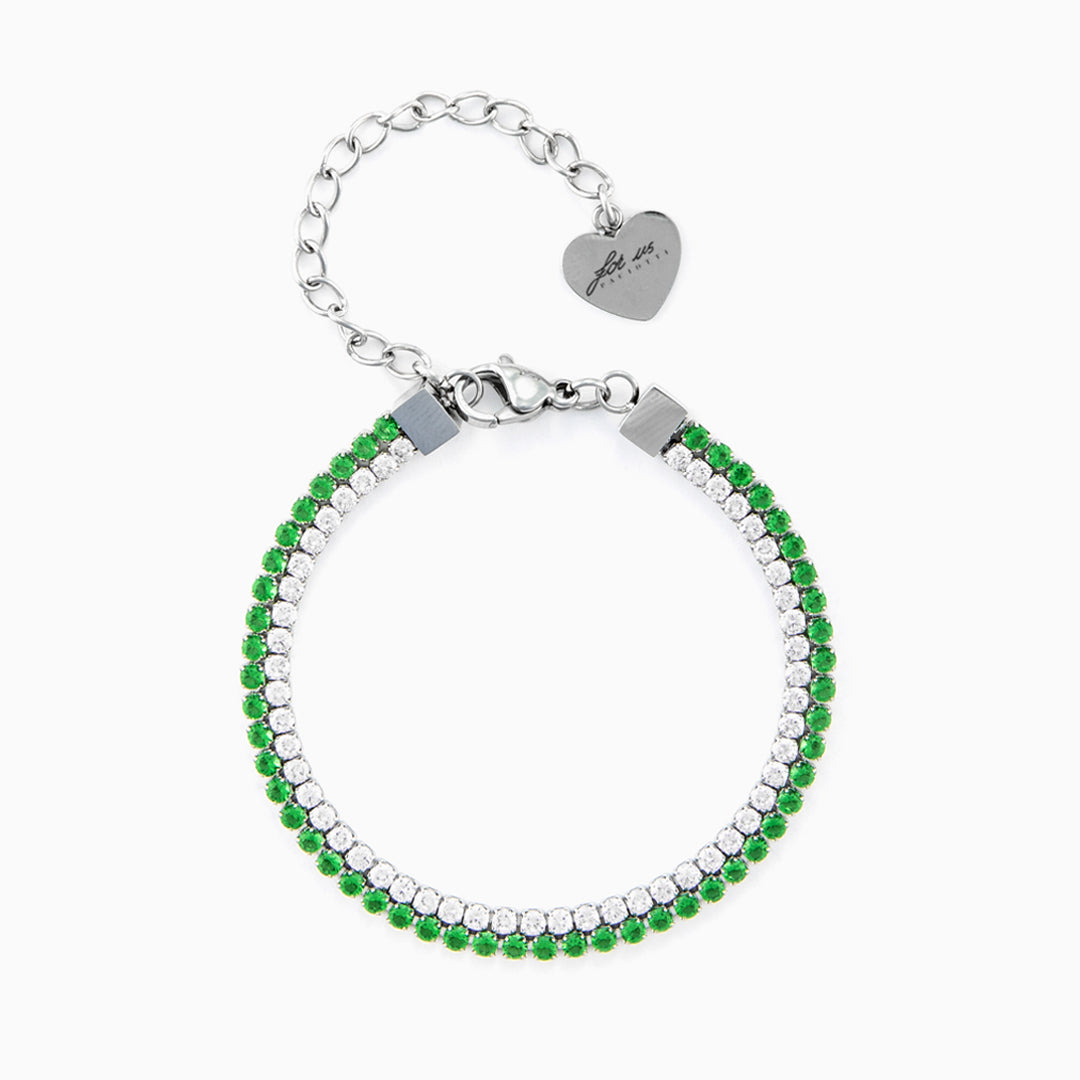 Bracciale doppia fila in acciaio con zirconi verdi e bianchi