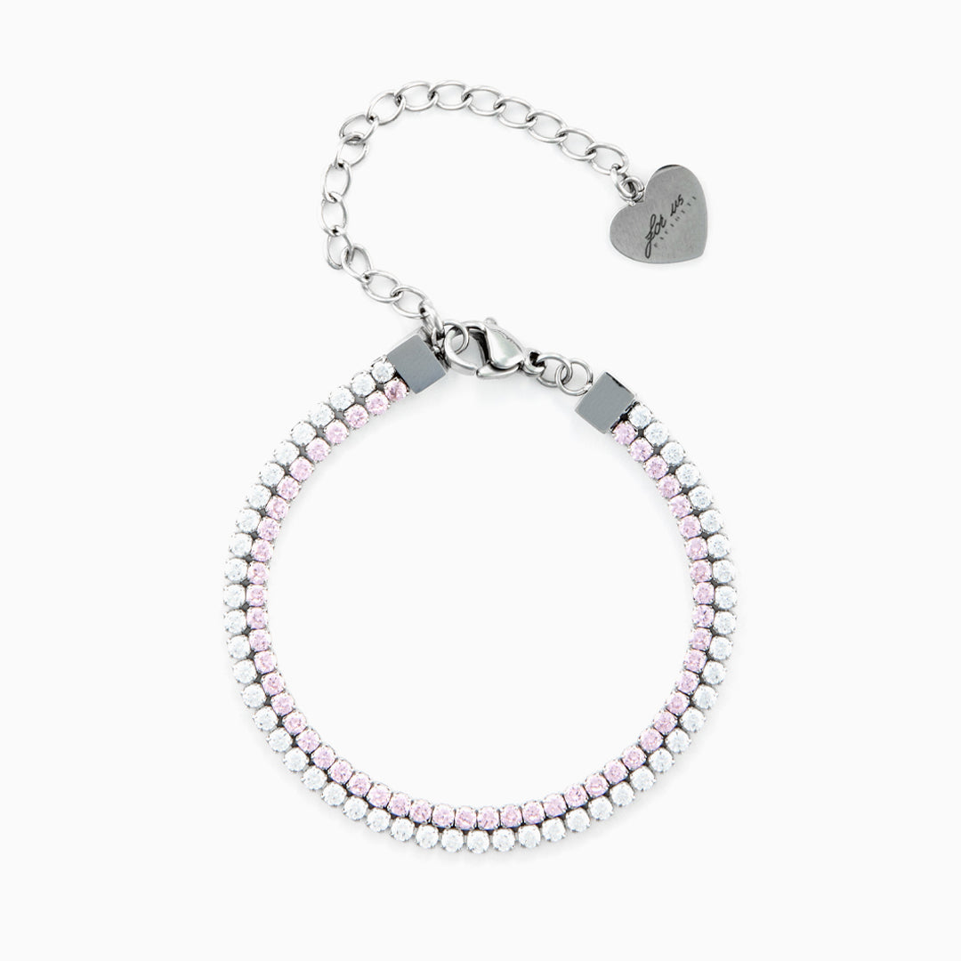 Bracciale doppia fila in acciaio con zirconi rosa e bianchi