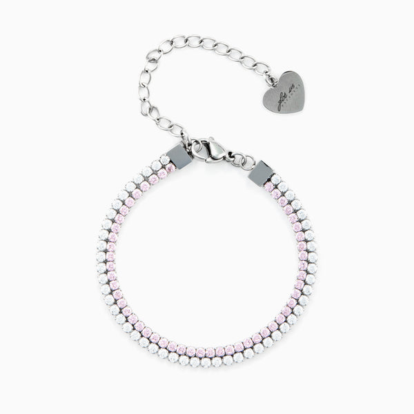 Bracciale doppia fila in acciaio con zirconi rosa e bianchi