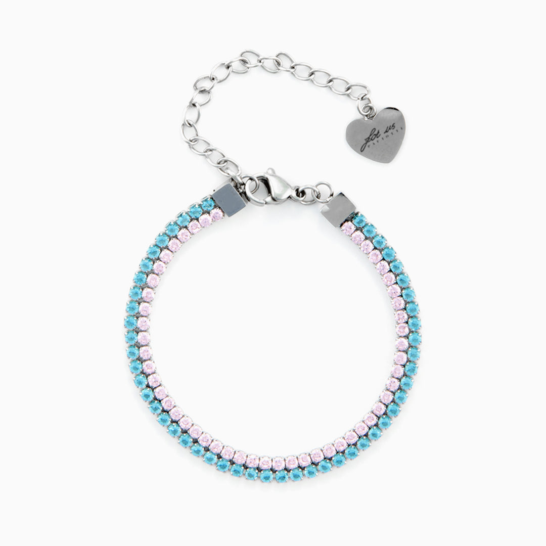 Bracciale doppia fila in acciaio con zirconi azzurri e rosa