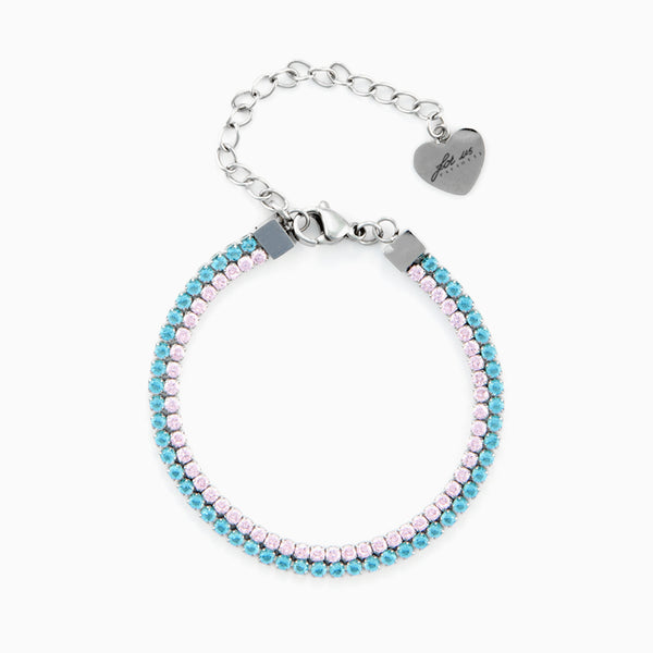 Bracciale doppia fila in acciaio con zirconi azzurri e rosa