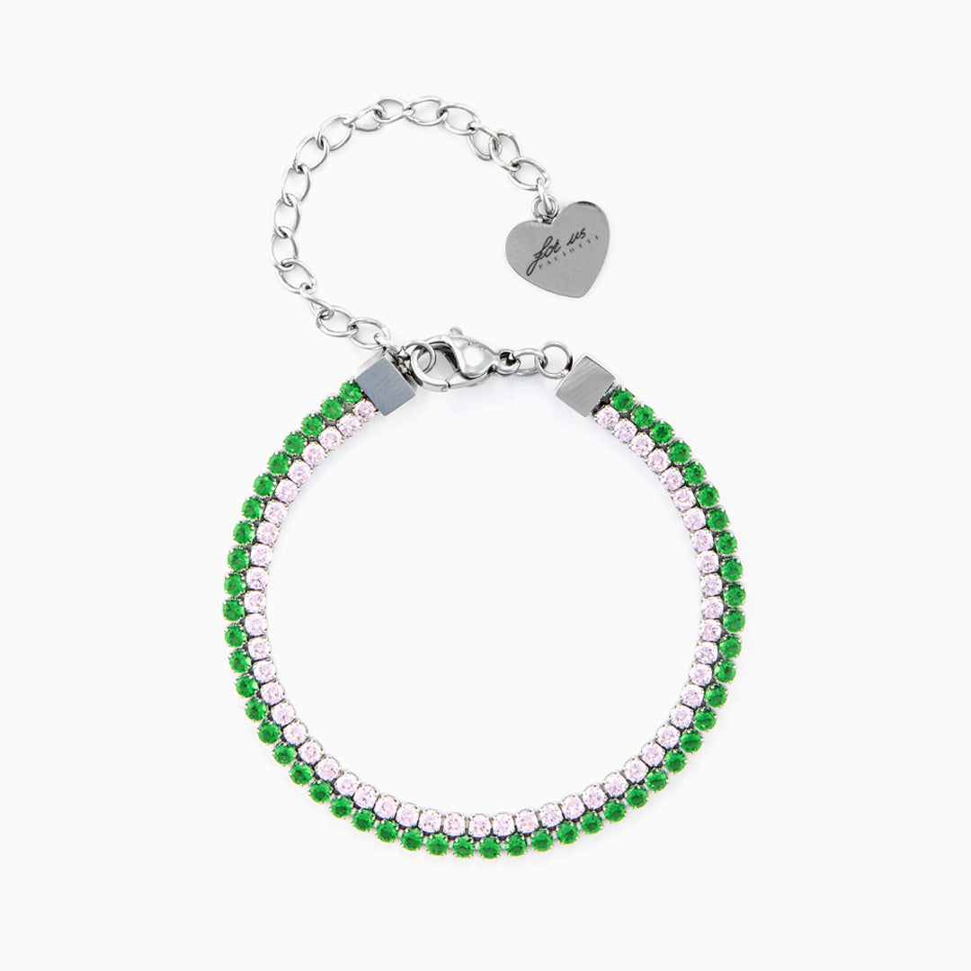 Bracciale doppia fila in acciaio con zirconi verdi e rosa