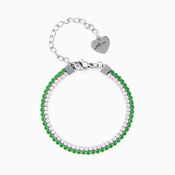 Bracciale doppia fila in acciaio con zirconi verdi e rosa