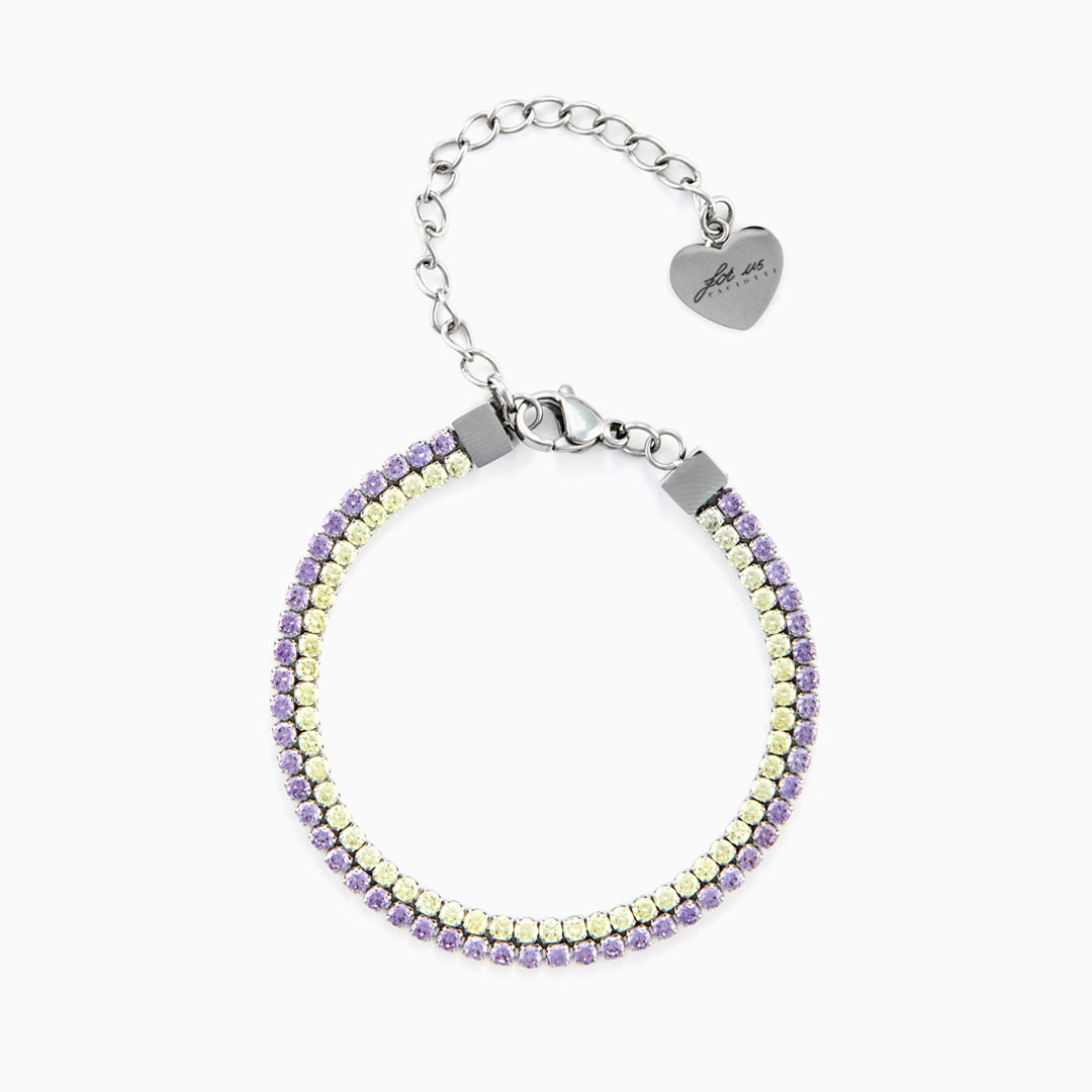 Bracciale doppia fila in acciaio con zirconi lilla e gialli