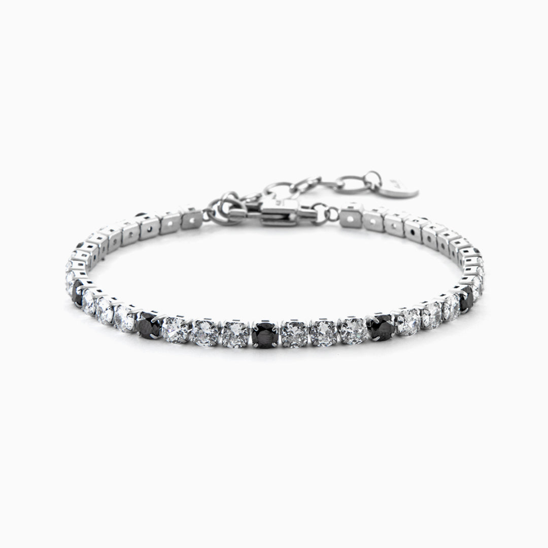 Bracciale tennis in acciaio con zirconi bianchi e neri alternati