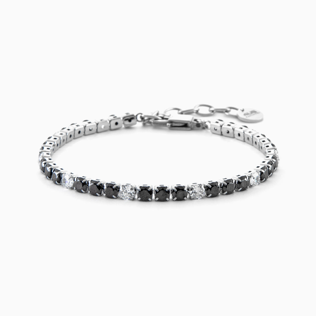 Bracciale tennis in acciaio con zirconi neri e bianchi alternati