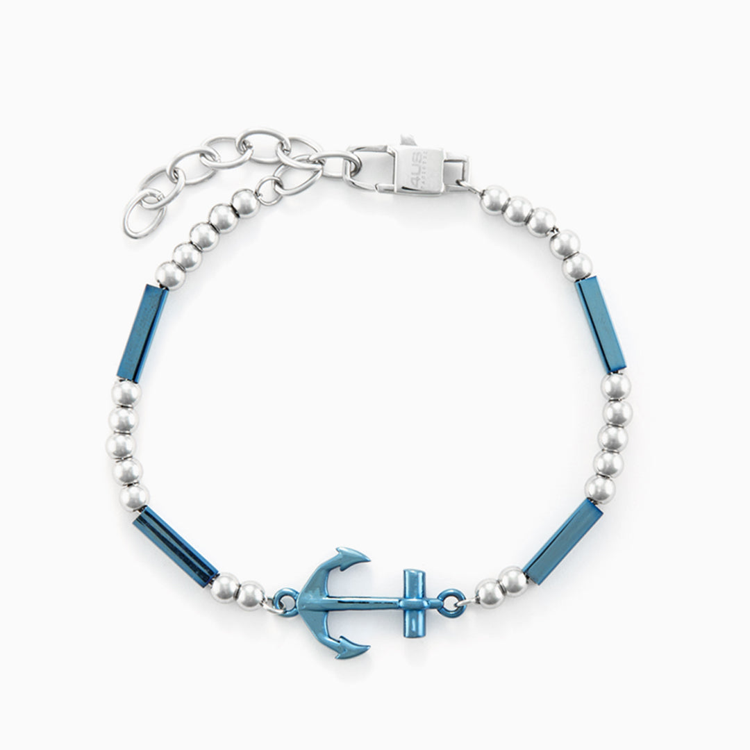 Bracciale in acciaio con ancora blu e sfere metalliche