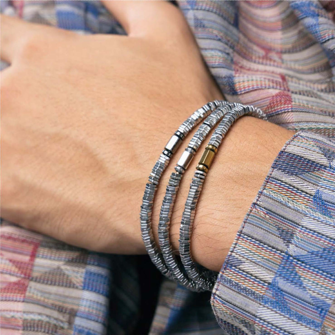 Bracciale uomo in acciaio con ematite grigia centrale