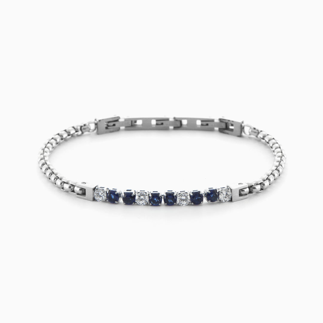 Bracciale tennis con zirconi bianchi e blu su catena doppia