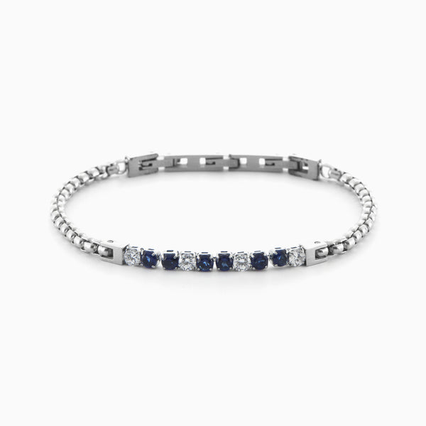 Bracciale tennis con zirconi bianchi e blu su catena doppia