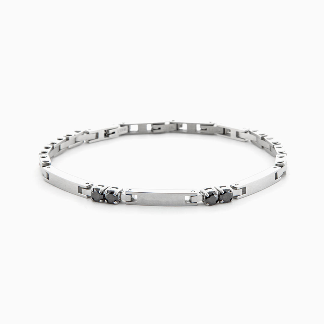 Bracciale in acciaio con zirconi neri e maglie satinate
