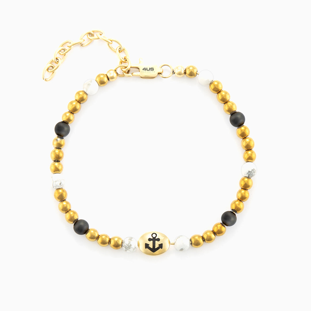 Bracciale con ancora e sfere oro, onice e howlite