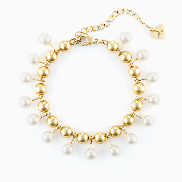 Bracciale in acciaio dorato con sfere e perle pendenti