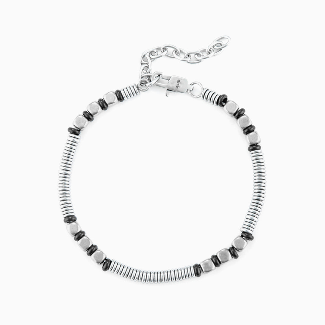 Bracciale in acciaio con inserti neri e anelli bombati