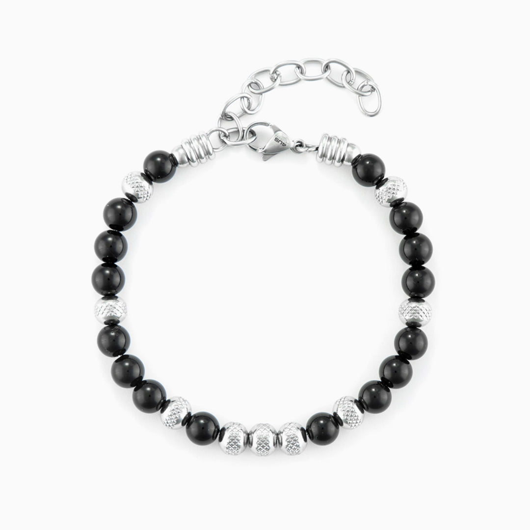 Bracciale in acciaio e onice nero con sfere lavorate