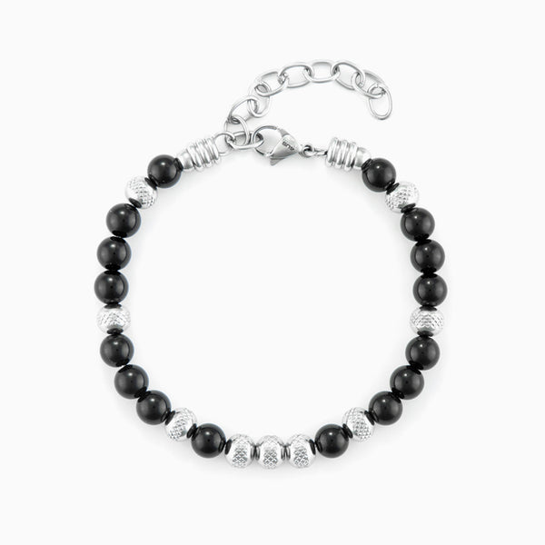 Bracciale in acciaio e onice nero con sfere lavorate