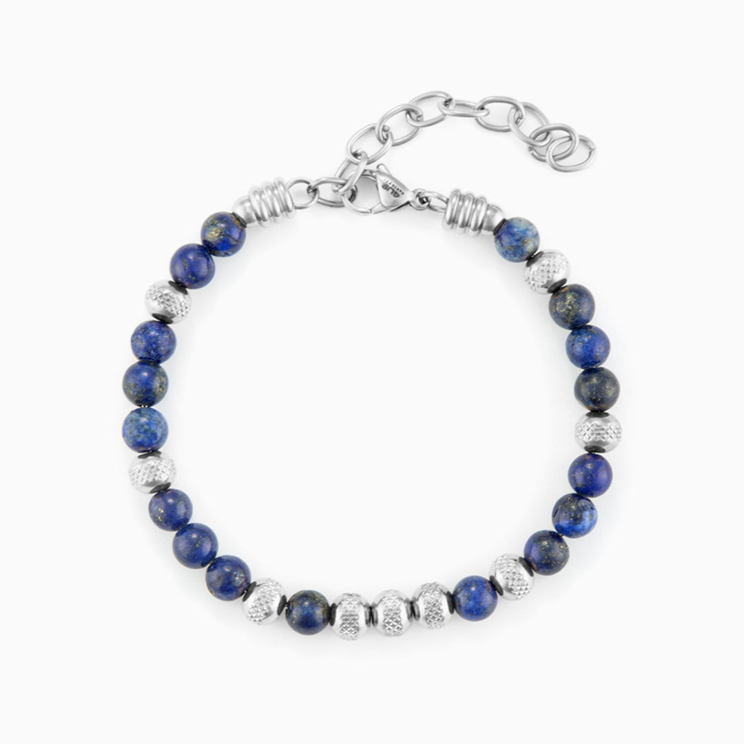 Bracciale in acciaio e lapislazzuli con sfere lavorate