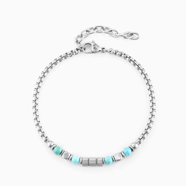 Bracciale in acciaio con pietre turchesi e inserti geometrici
