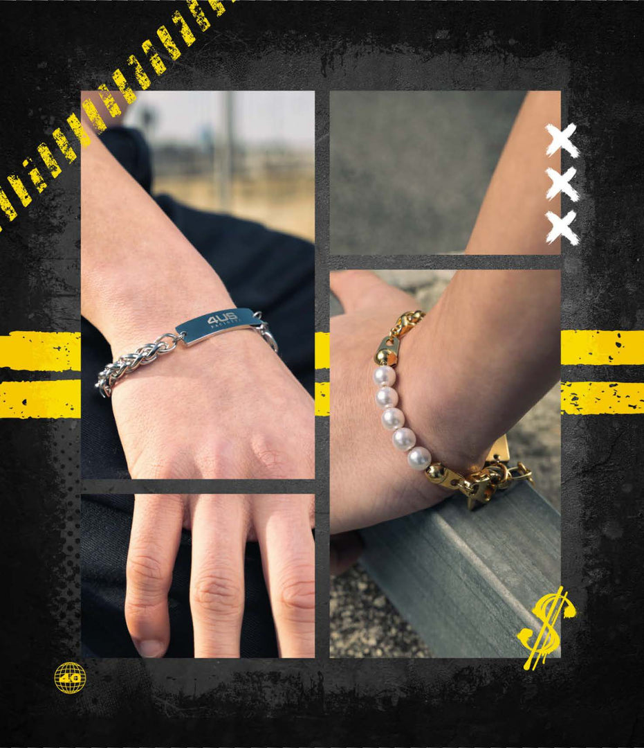 Bracciale in acciaio dorato con perle e piastra incisa 4US
