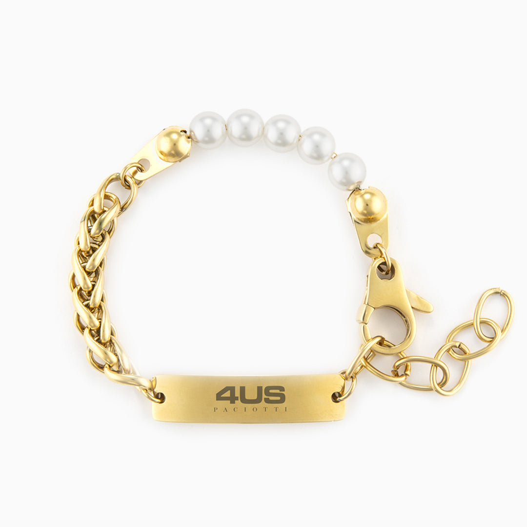 Bracciale in acciaio dorato con perle e piastra incisa 4US