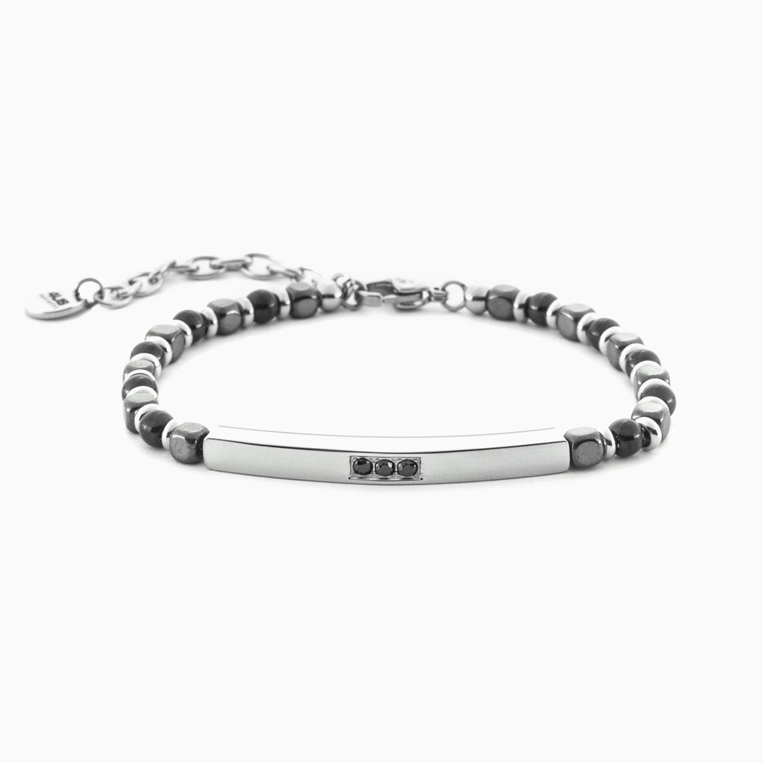 Bracciale uomo ematite con piastra e zirconi