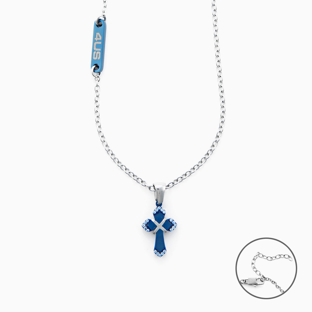Collana con Croce Blu da Uomo in Acciaio con Targhetta 4US