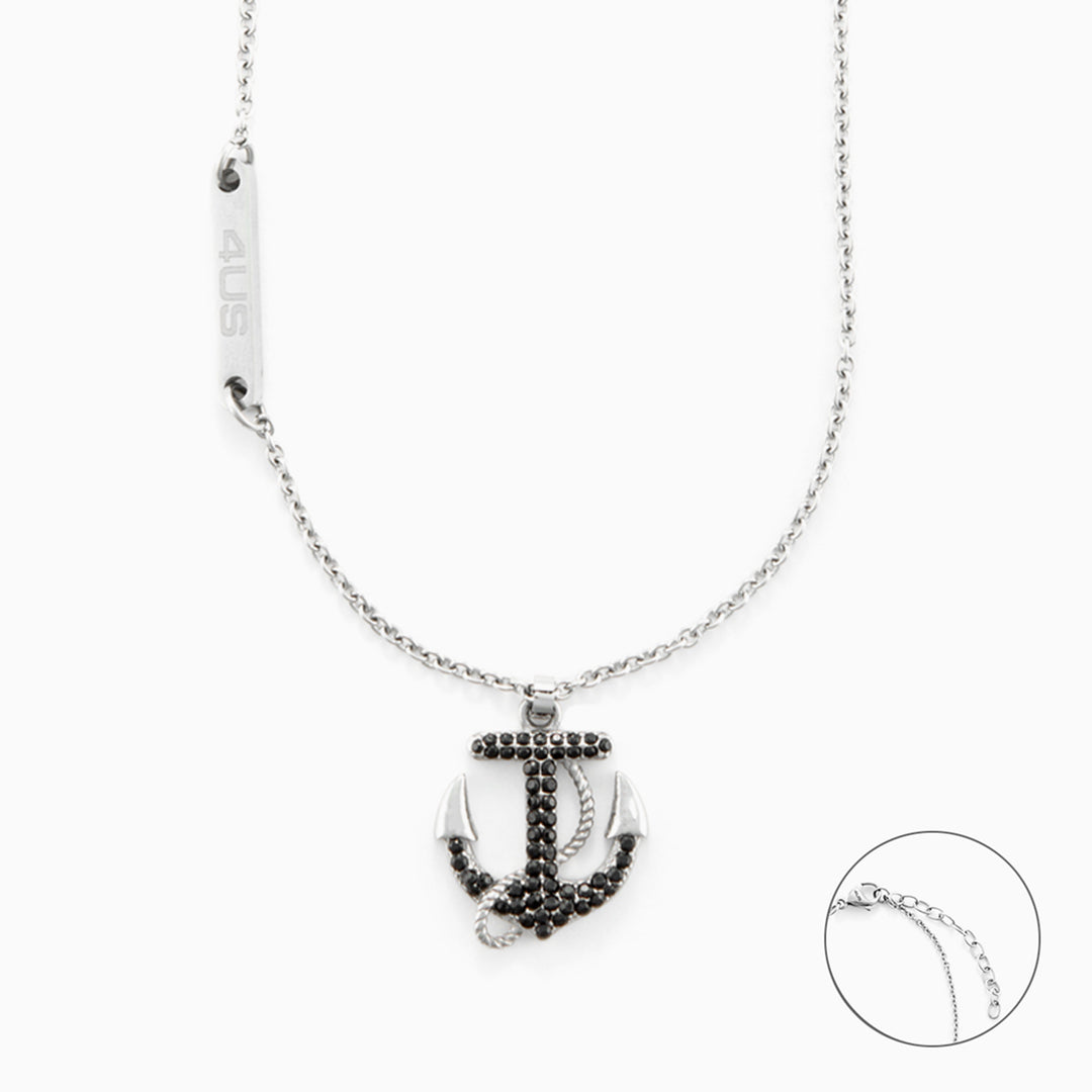 Collana Uomo in Acciaio con Ancora e Cristalli Neri