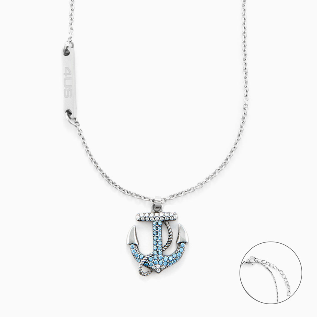 Collana con Ancora in Acciaio e Cristalli Azzurri