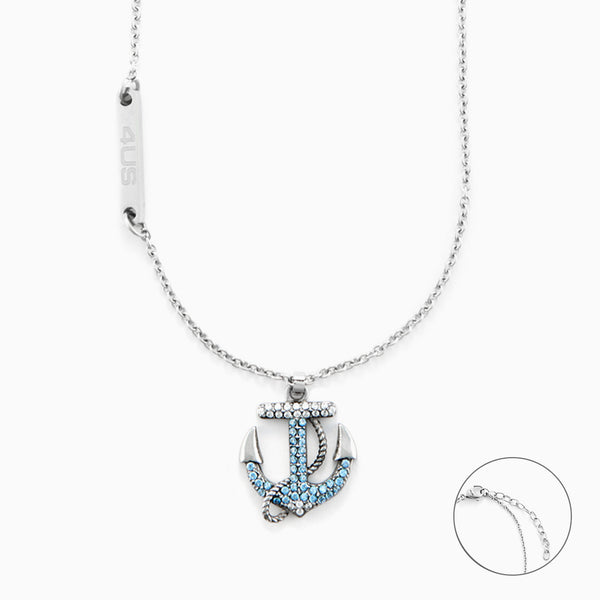 Collana con Ancora in Acciaio e Cristalli Azzurri