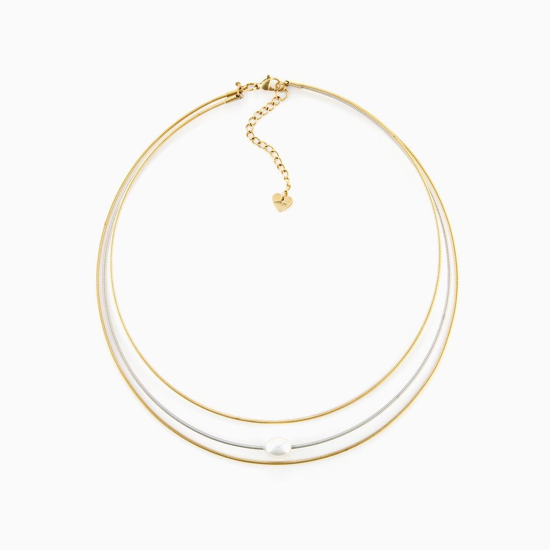 Collana Bicolor con Perla Centrale e Triplo Filo in Acciaio