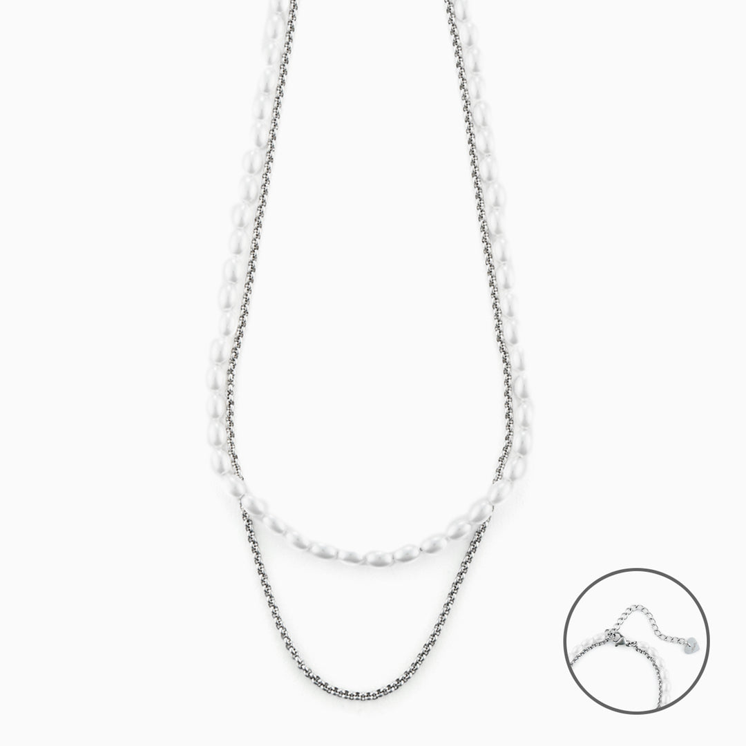 Collana Doppio Filo con Perle Bianche e Catena in Acciaio