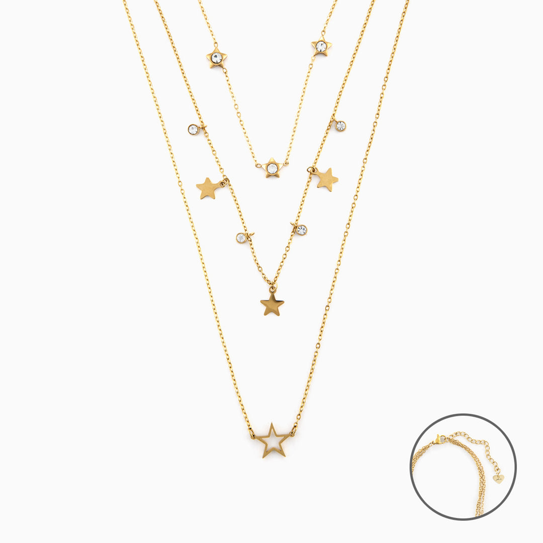 Collana Donna Multigiro con Stelle e Zirconi in Acciaio Dorato