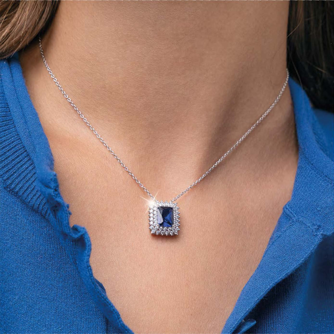 Collana Donna in argento con Ciondolo Quadrato Blu Zaffiro e Zirconi