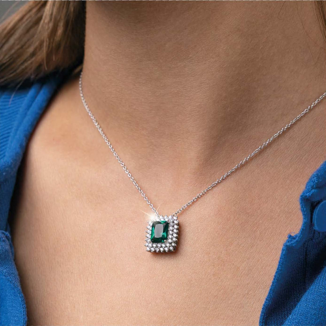 Collana Donna in argento con Ciondolo Quadrato Verde e Zirconi