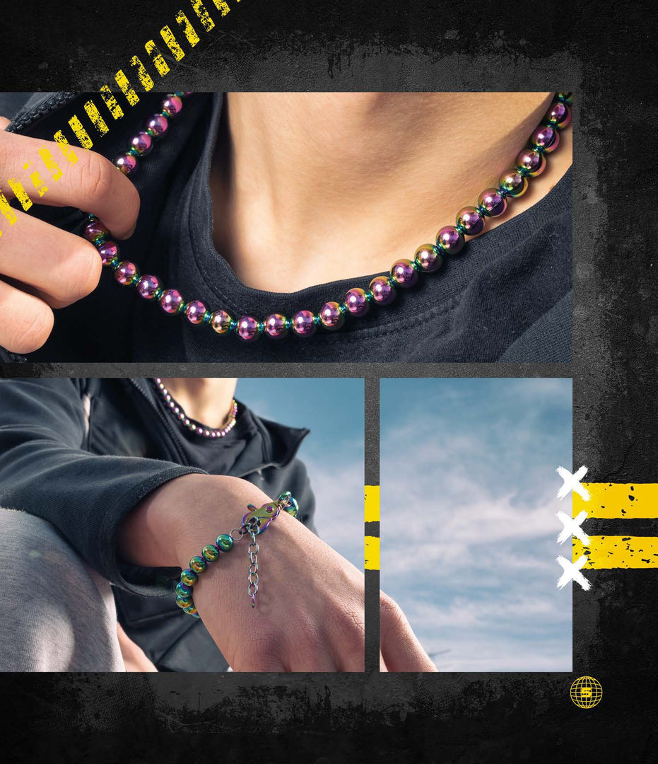 Collana Uomo con Sfere Multicolor Effetto Iridescente