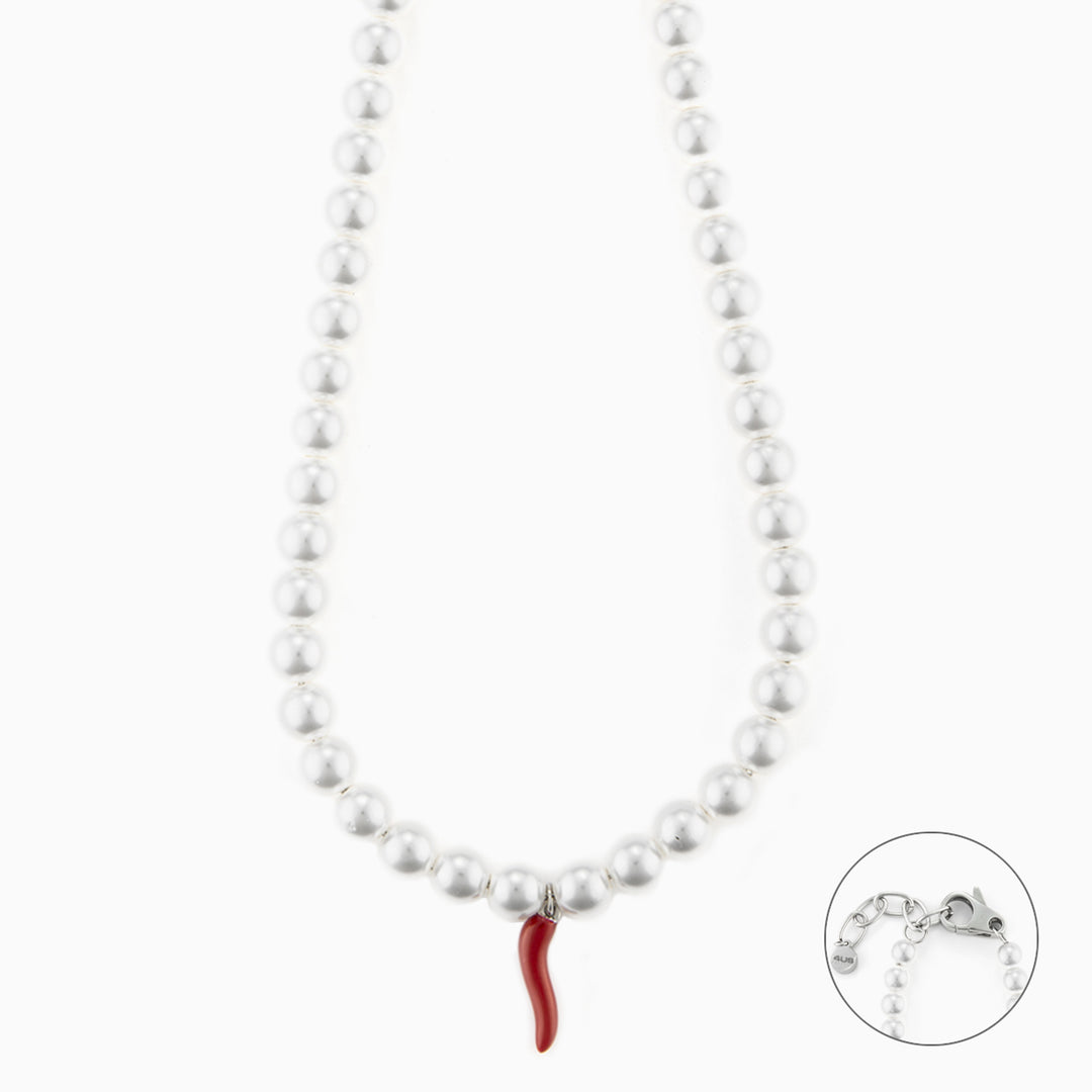 Collana con Perle Bianche e Corno Rosso