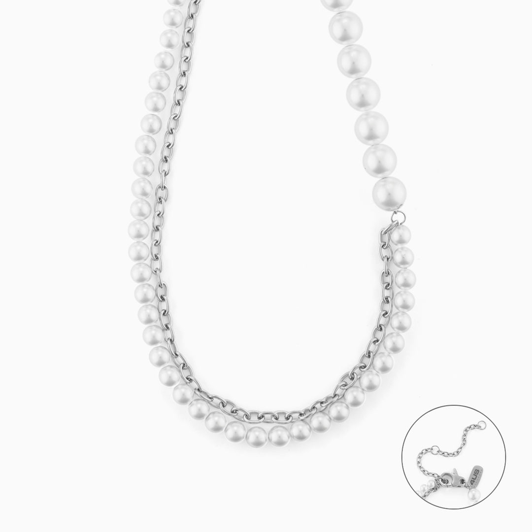 Collana con Perle Bianche e Catena in Acciaio