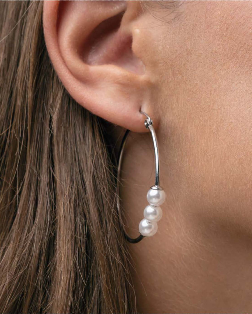 Orecchini Donna Cerchio con 3 Perle in Acciaio