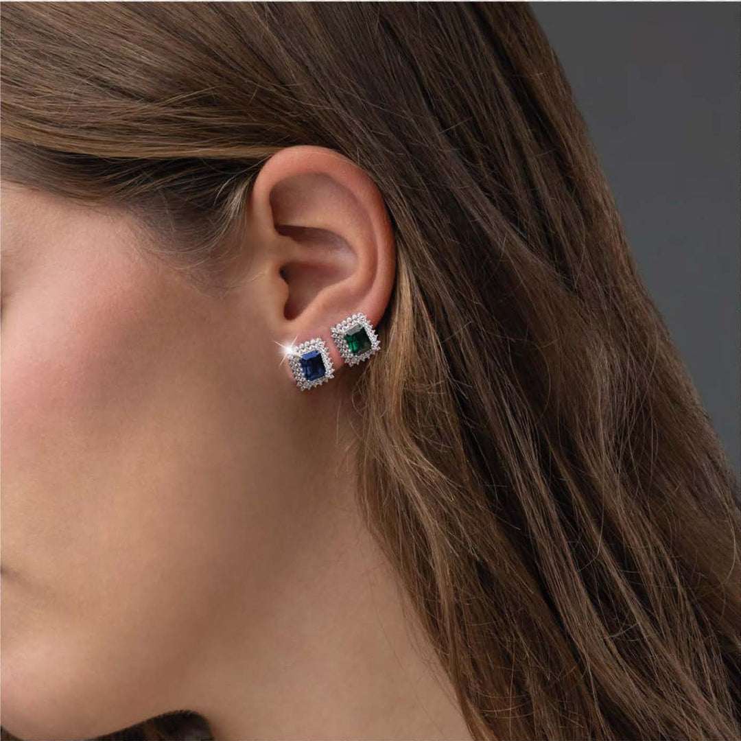 Orecchini Donna in argento Punto Luce Quadrato con Pietra Verde e Zirconi