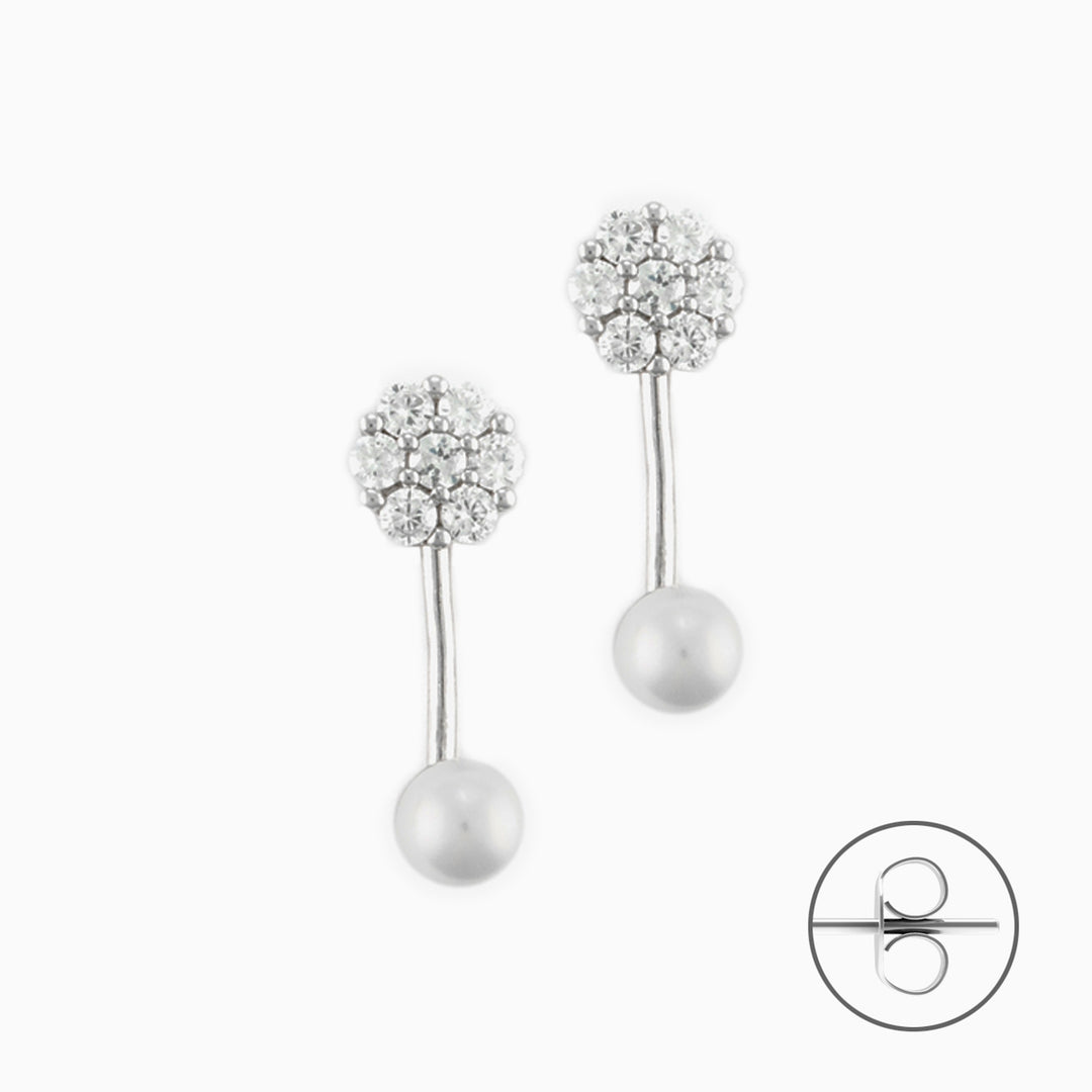 Orecchini argento con Fiore di Zirconi Bianchi e Perla Pendente