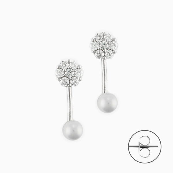 Orecchini argento con Fiore di Zirconi Bianchi e Perla Pendente