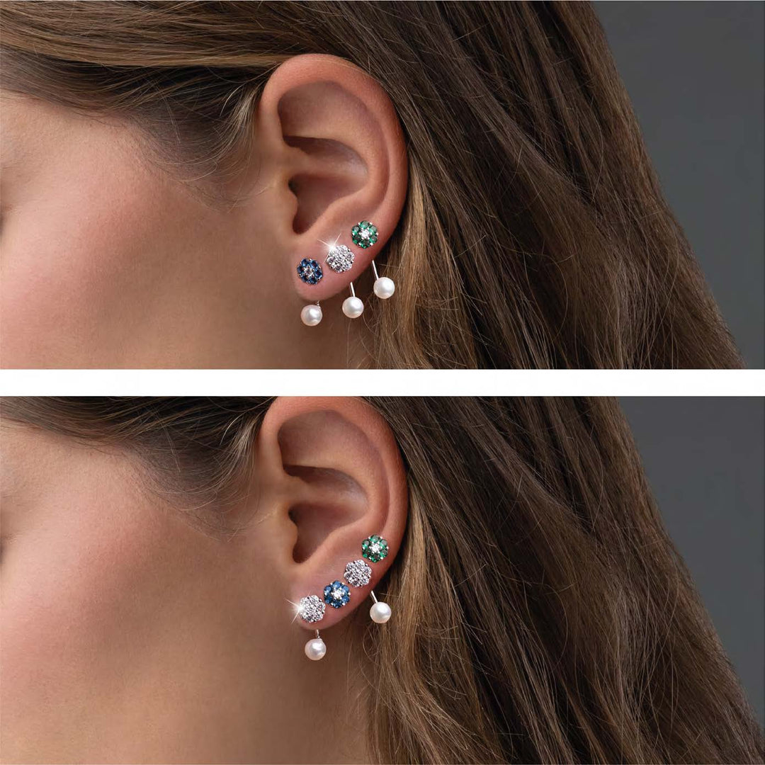 Orecchini in argento con Fiore di Zirconi Azzurri e Perla Bianca