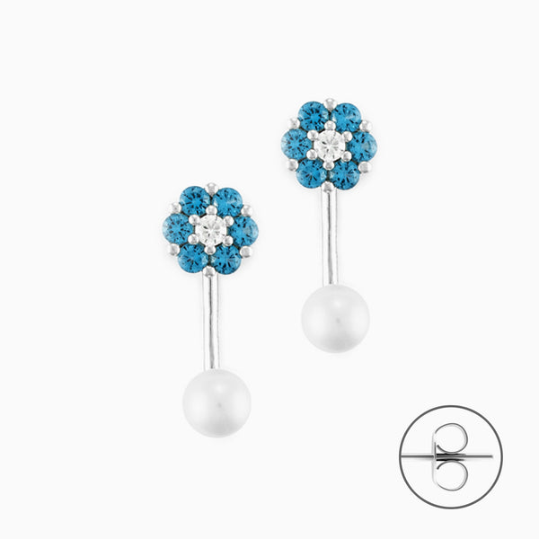 Orecchini in argento con Fiore di Zirconi Azzurri e Perla Bianca